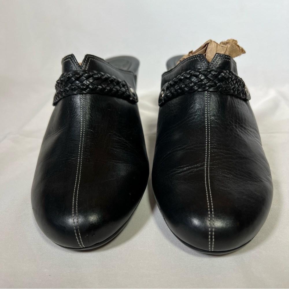 Cole Haan Black Leather Wedge Slip-On Clogs Mules Woven Strap Detail Size 9.5 - Picture 5 of 15